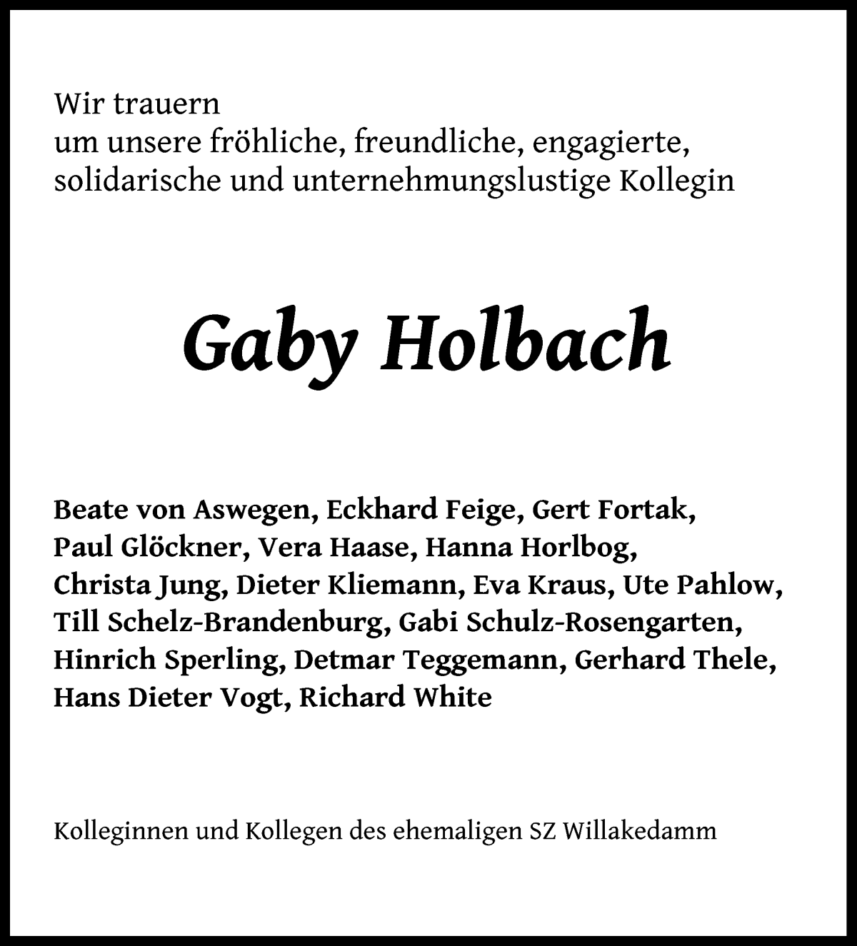 Traueranzeige von Gaby Holbach von WESER-KURIER