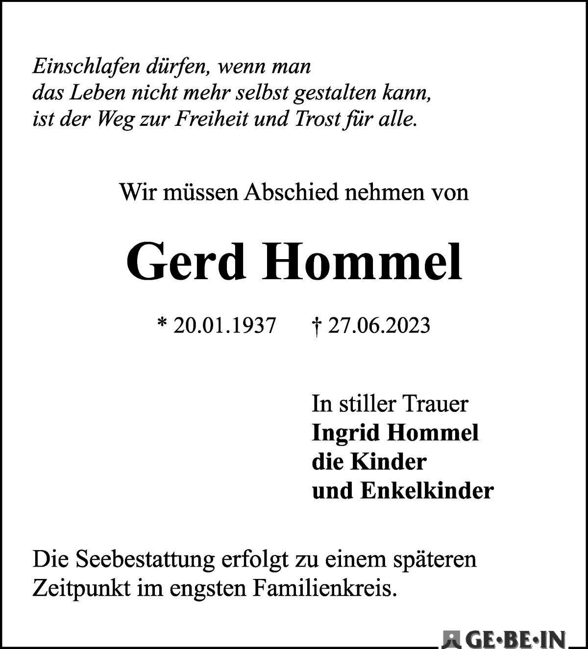 Traueranzeige von Gerd Hommel von WESER-KURIER