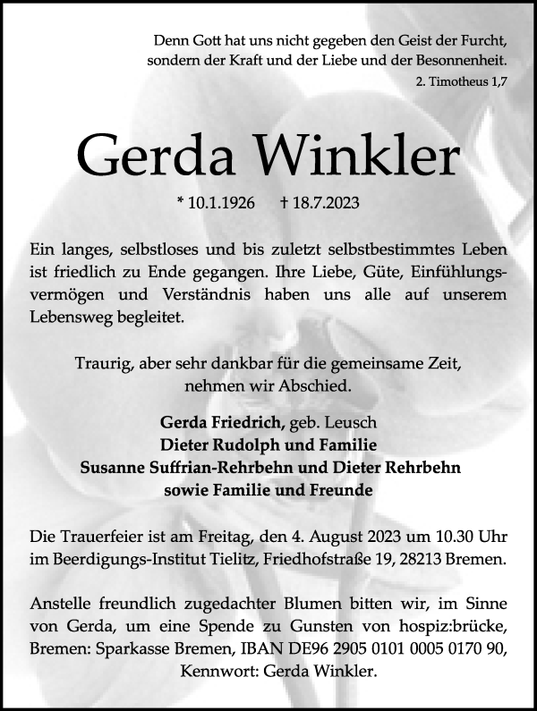 Traueranzeige von Gerda Winkler