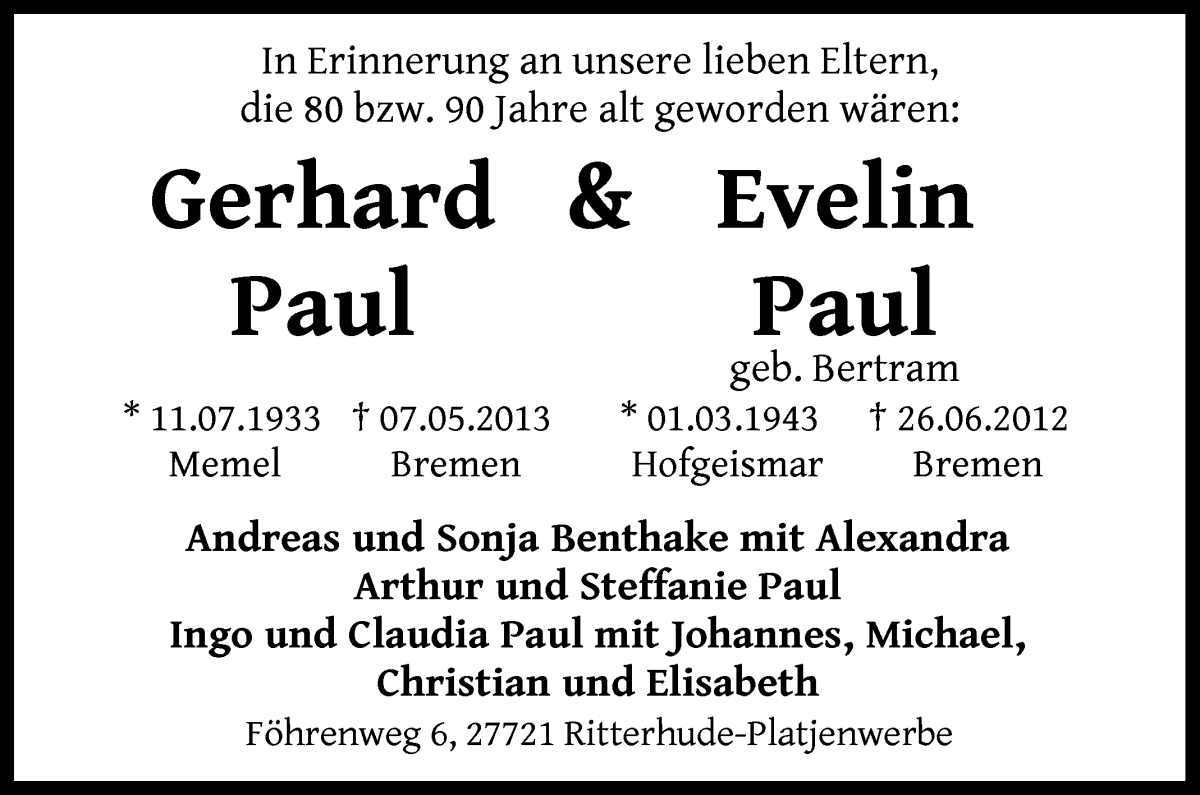 Traueranzeige von Gerhard und Evelin Paul von WESER-KURIER