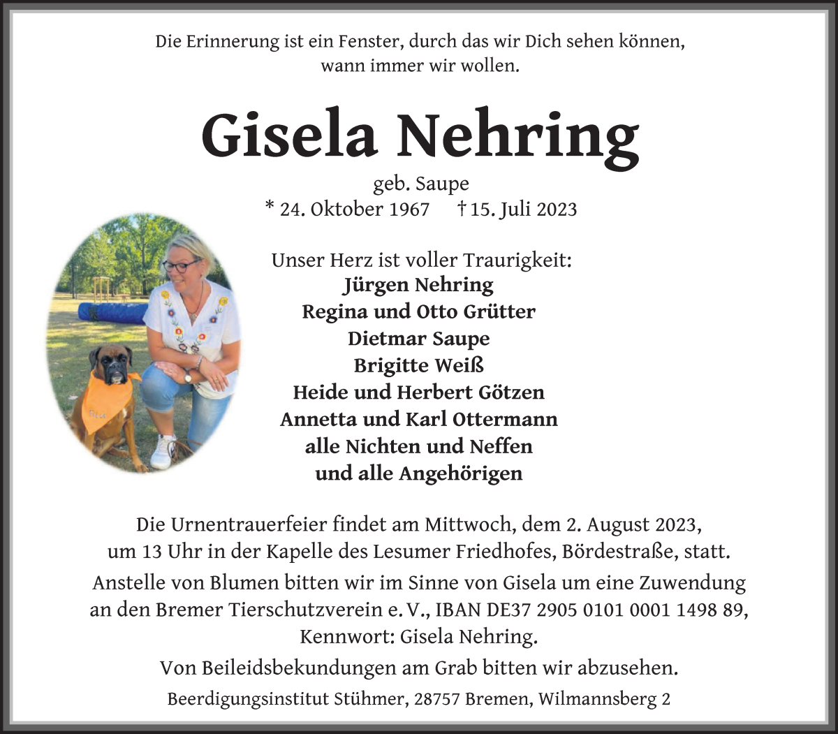 Traueranzeige von Gisela Nehring von WESER-KURIER