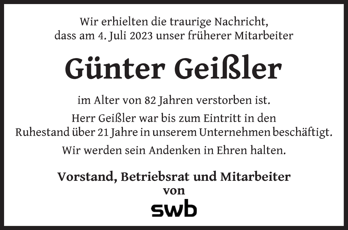 Traueranzeige von Günter Geißler von WESER-KURIER