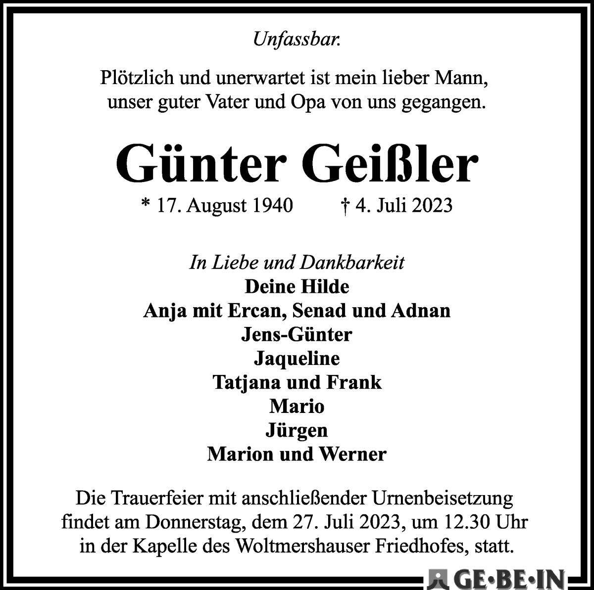  Traueranzeige für Günter Geißler vom 22.07.2023 aus WESER-KURIER