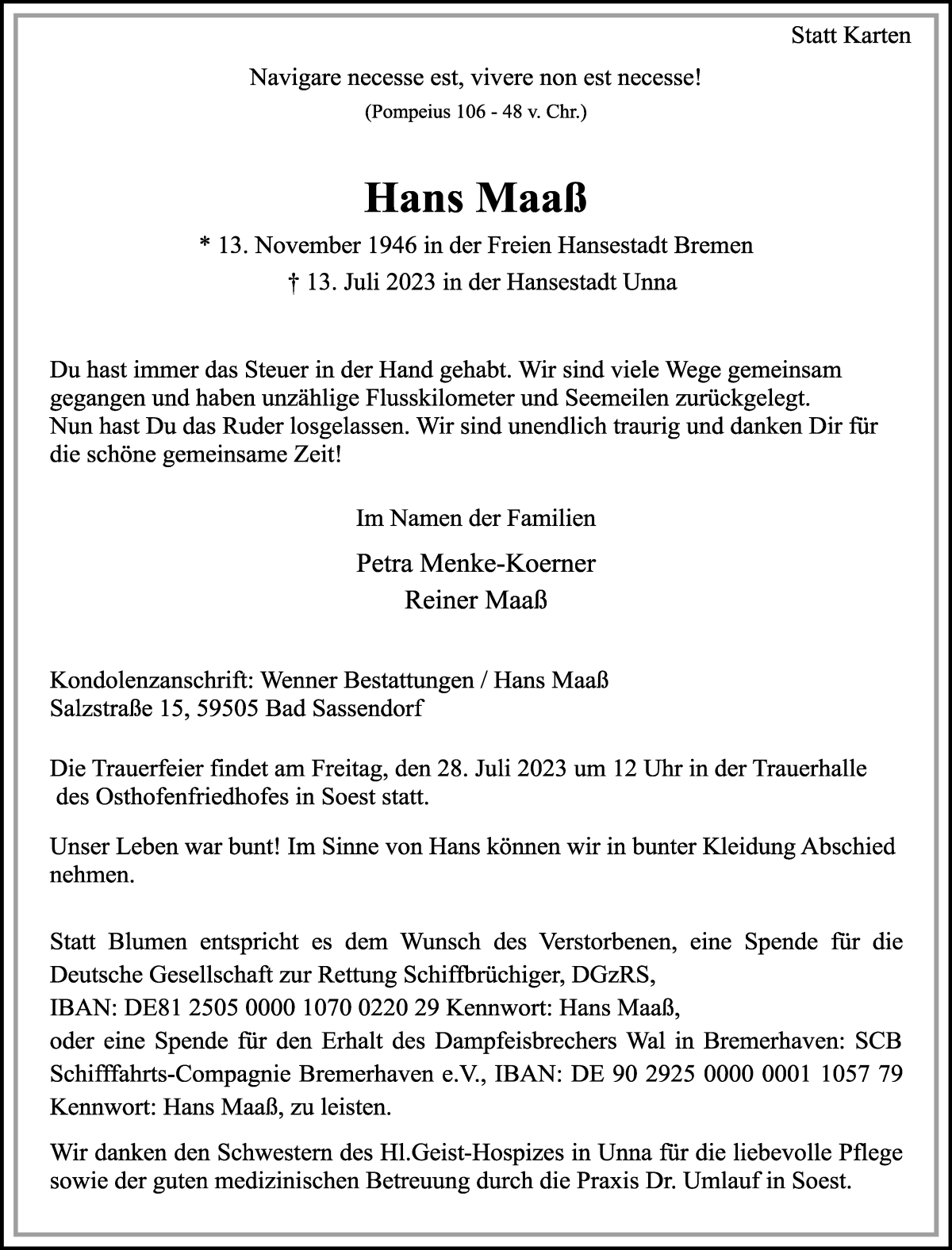 Traueranzeige von Hans Maaß von Osterholzer Kreisblatt