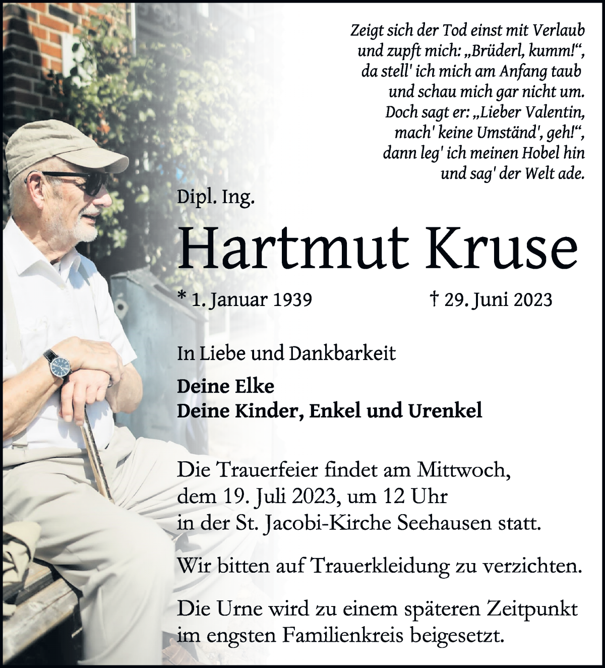 Traueranzeige von Hartmut Kruse von WESER-KURIER