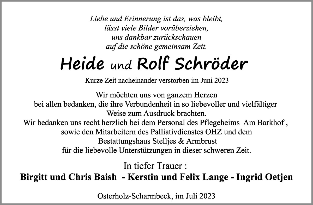 Traueranzeige von Heide und Rolf Schröder von Osterholzer Kreisblatt