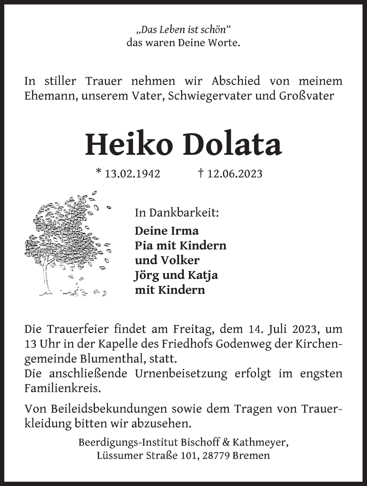 Traueranzeige von Heiko Dolata von Die Norddeutsche