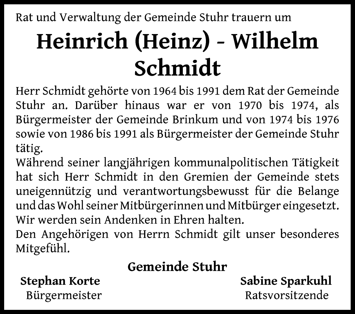 Traueranzeige von Heinrich-Wilhelm Schmidt von Regionale Rundschau/Syker Kurier