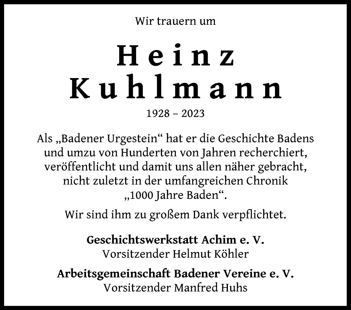 Traueranzeige von Heinz Kuhlmann von Achimer Kurier/Verdener Nachrichten