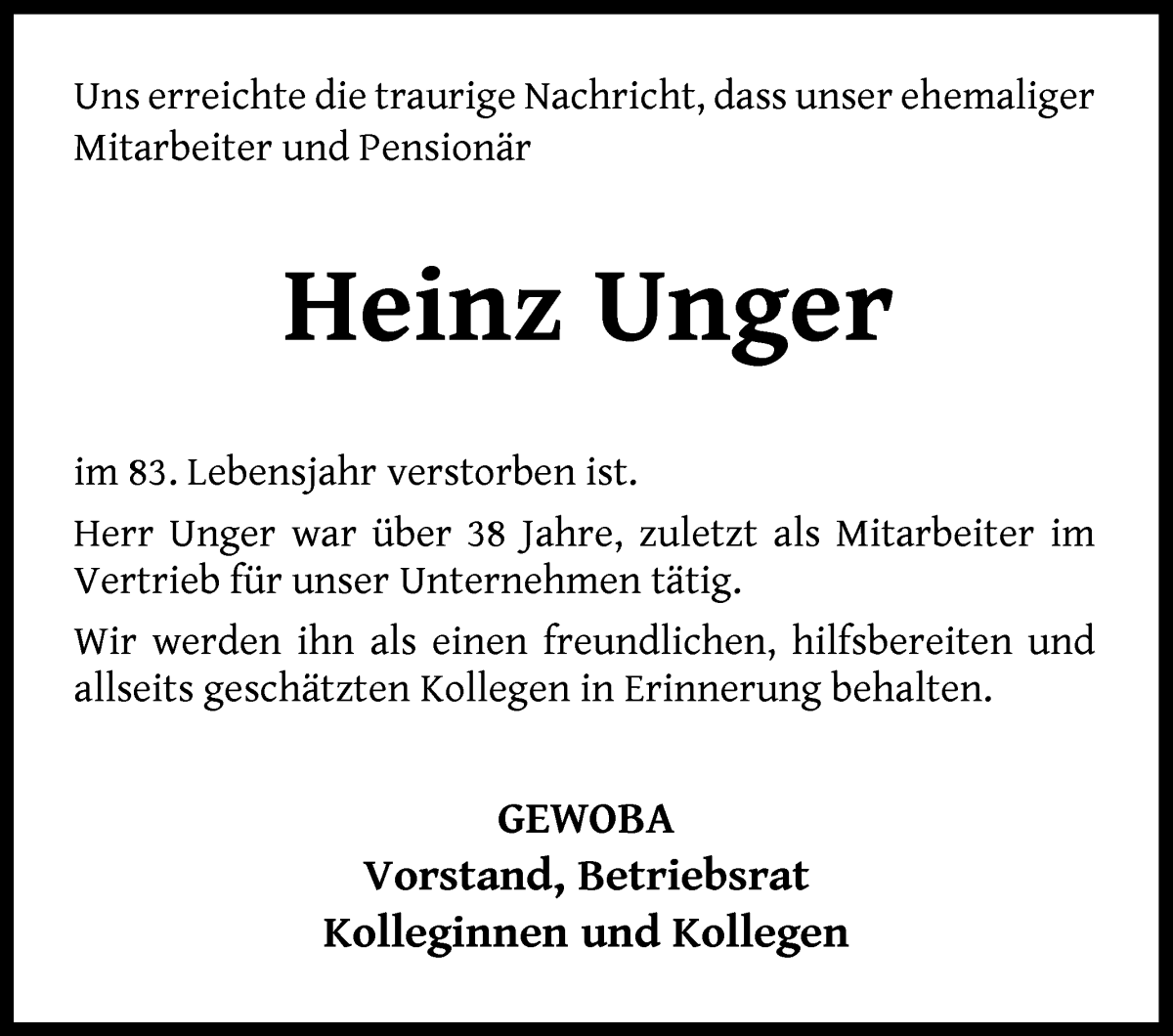 Traueranzeige von Heinz Unger von WESER-KURIER