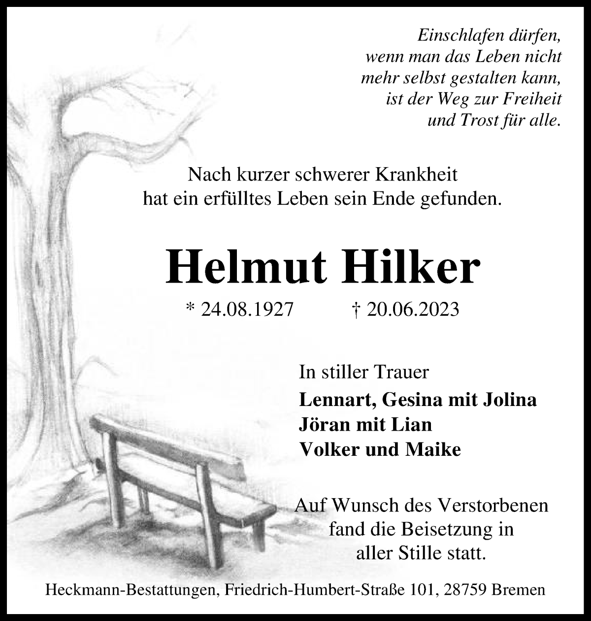 Traueranzeige von Helmut Hilker von Die Norddeutsche