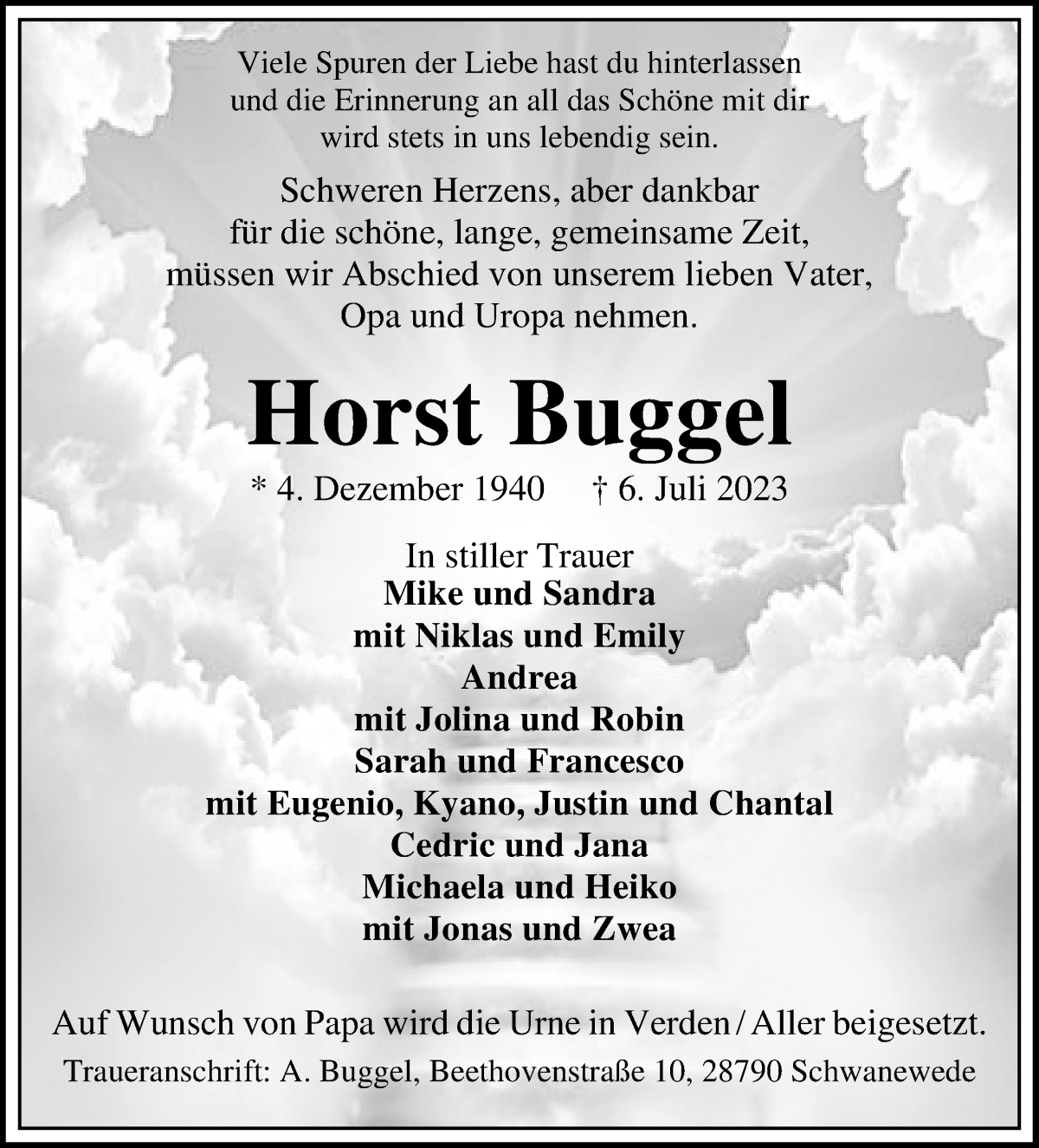  Traueranzeige für Horst Buggel vom 13.07.2023 aus Die Norddeutsche