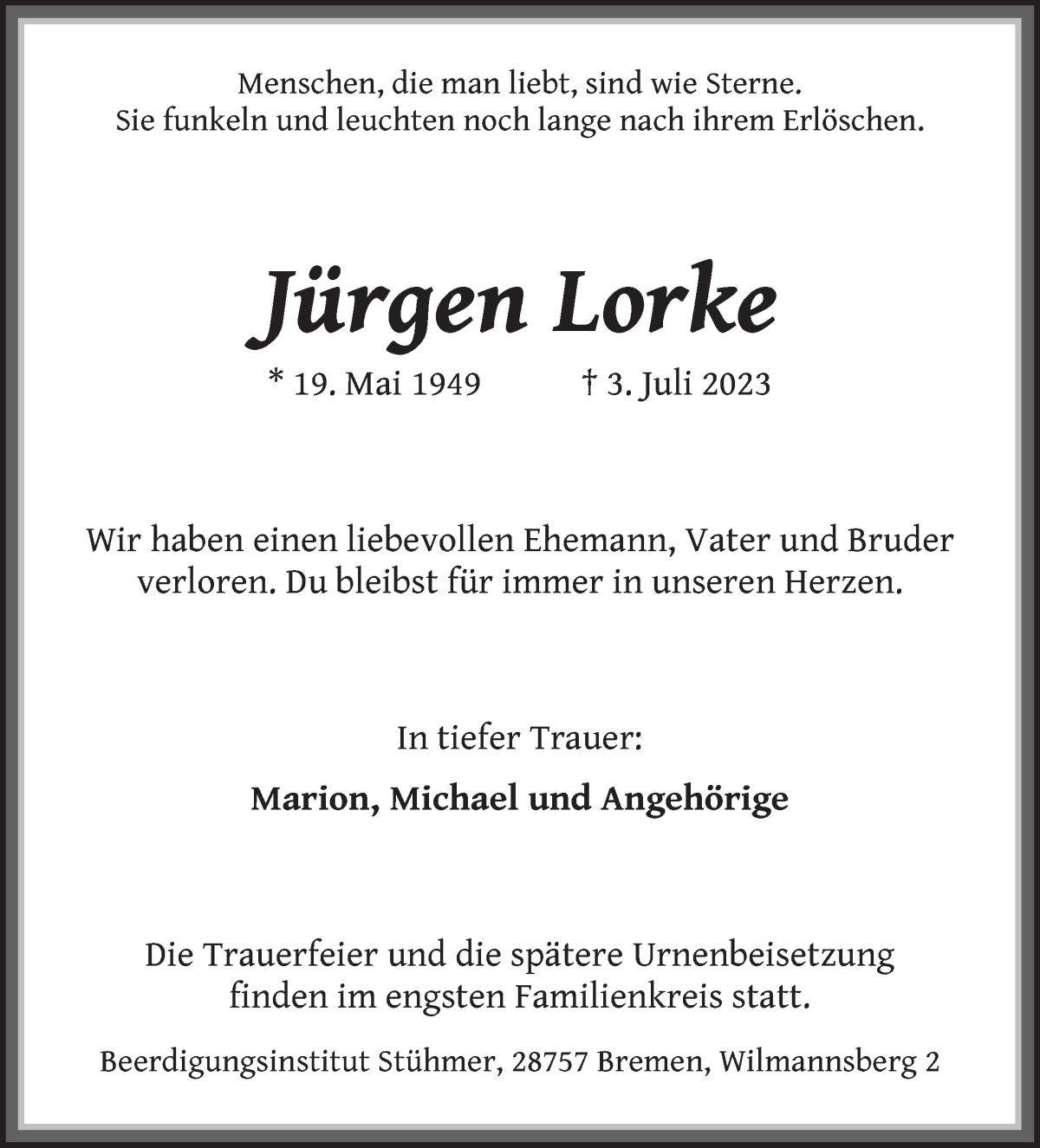 Traueranzeigen von Jürgen Lorke | Trauer & Gedenken