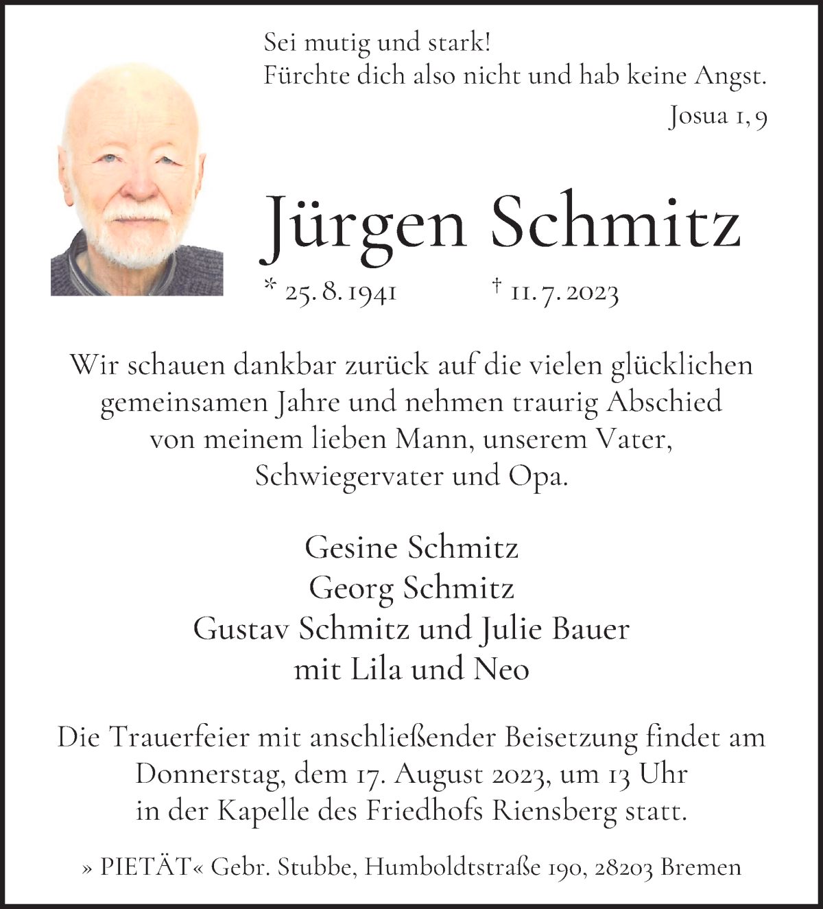 Traueranzeige von Jürgen Schmitz von WESER-KURIER