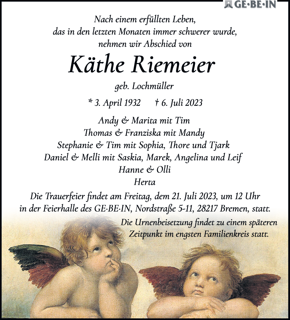  Traueranzeige für Käthe Riemeier vom 15.07.2023 aus WESER-KURIER