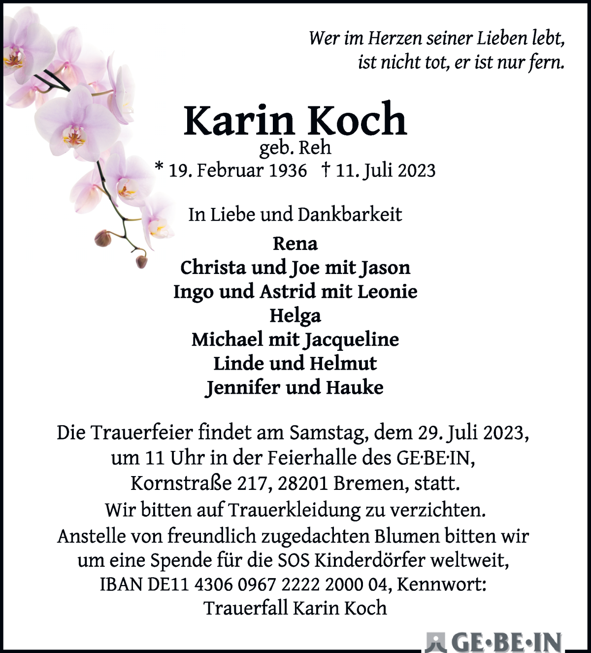 Traueranzeige von Karin Koch von WESER-KURIER