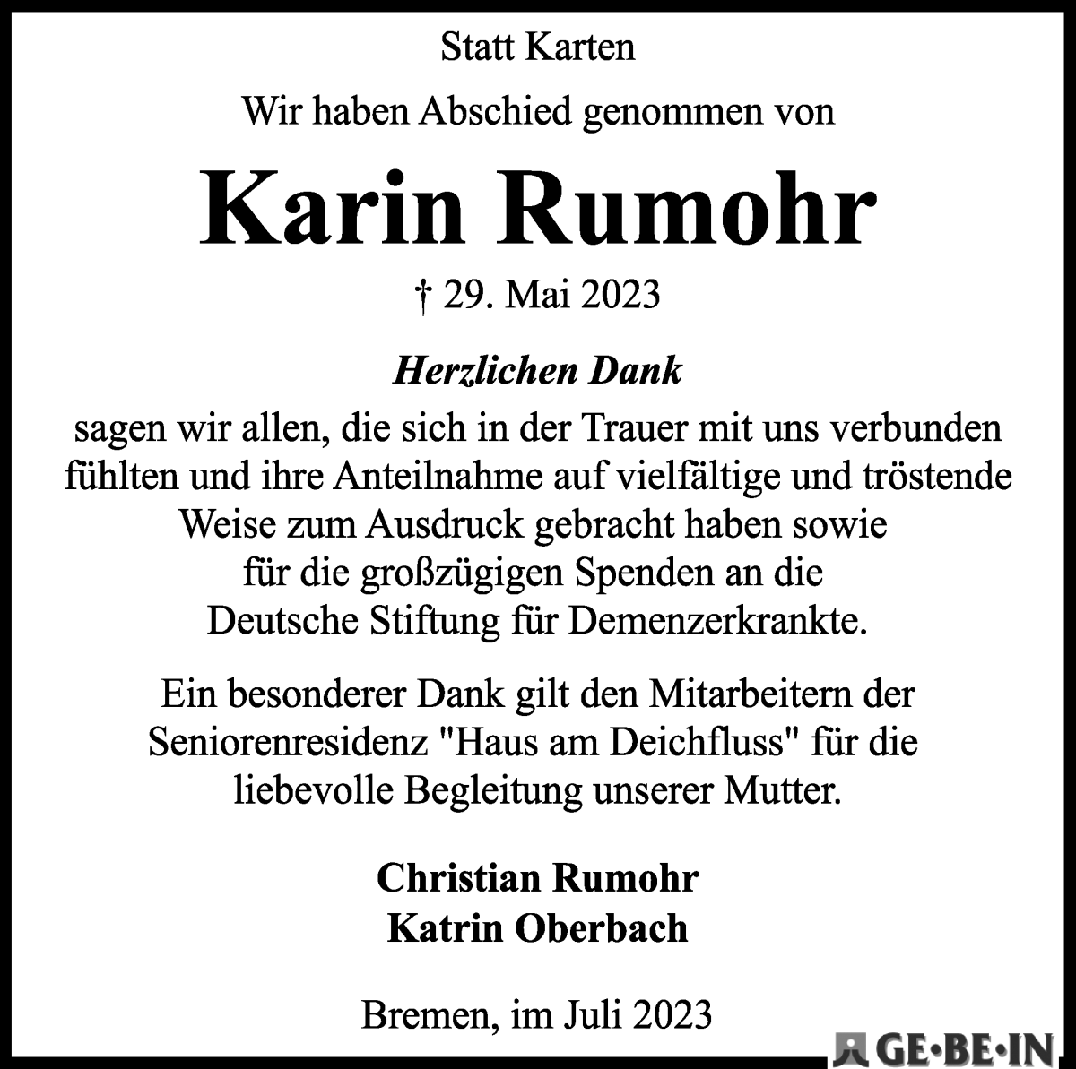 Traueranzeige von Karin Rumohr von WESER-KURIER