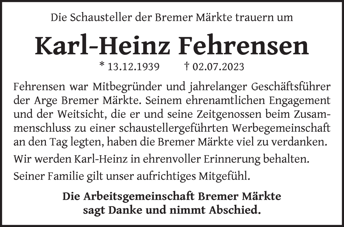 Traueranzeige von Karl-Heinz Fehrensen von WESER-KURIER