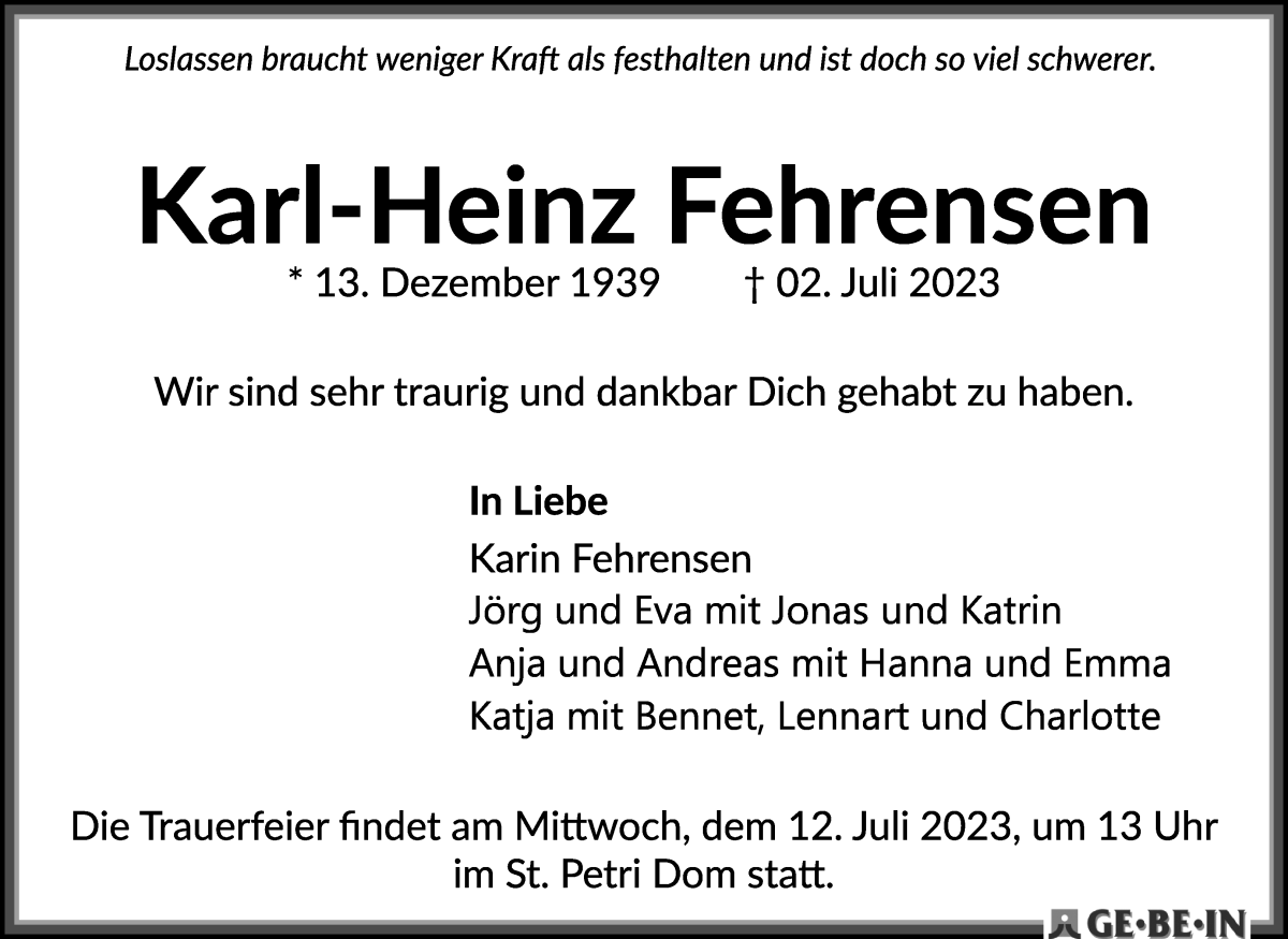 Traueranzeige von Karl-Heinz Fehrensen von WESER-KURIER