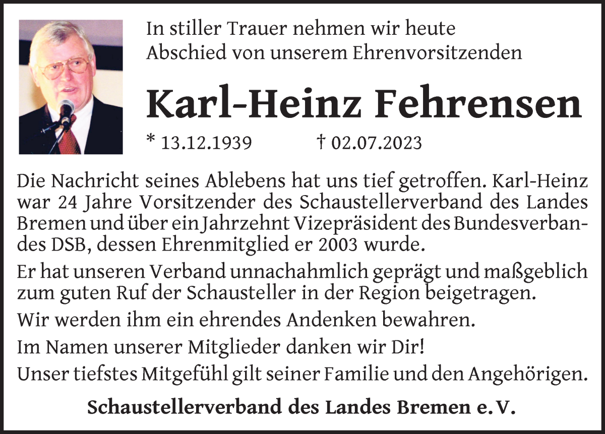 Traueranzeige von Karl-Heinz Fehrensen von WESER-KURIER