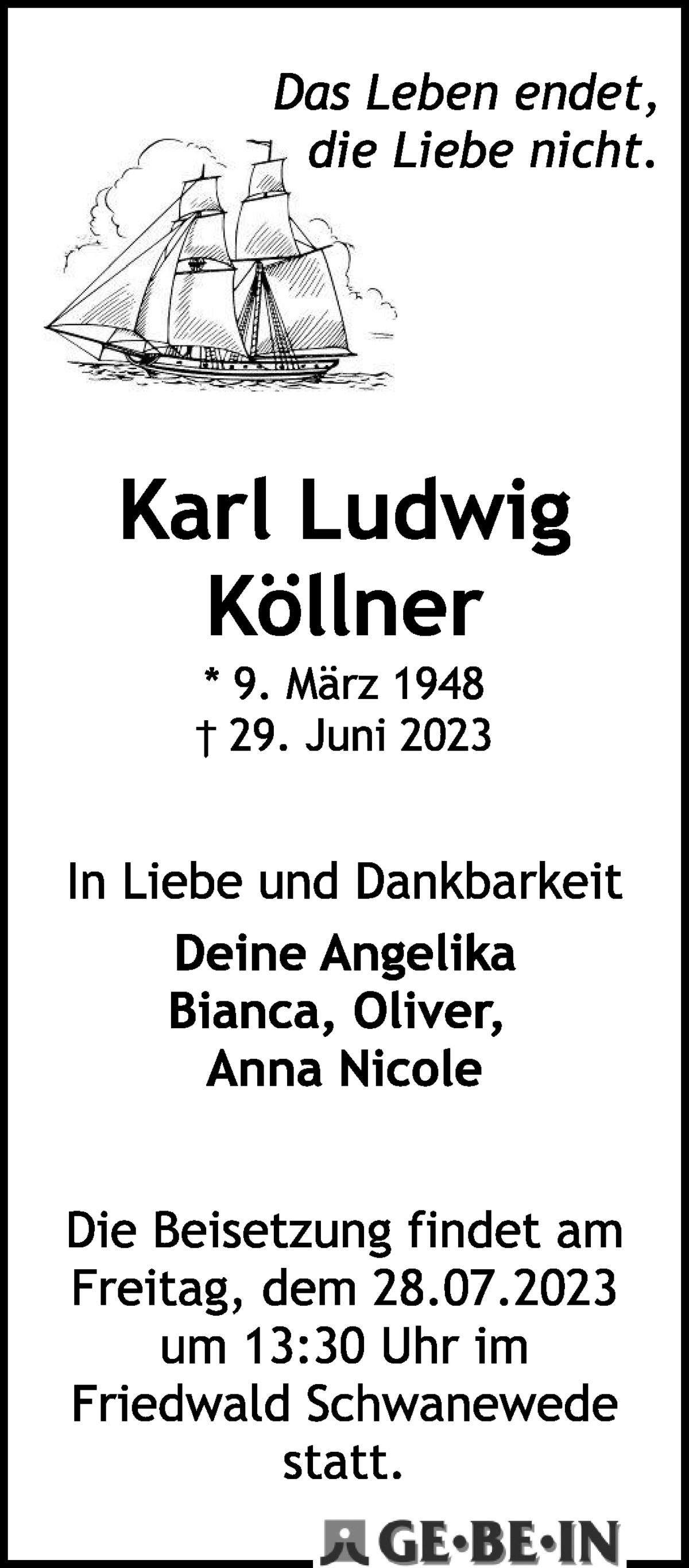 Traueranzeige von Karl Ludwig Köllner von WESER-KURIER