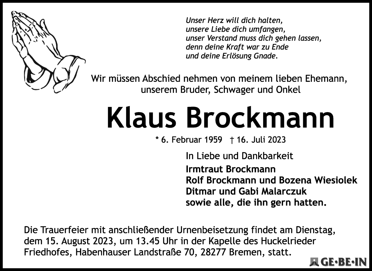  Traueranzeige für Klaus Brockmann vom 22.07.2023 aus WESER-KURIER