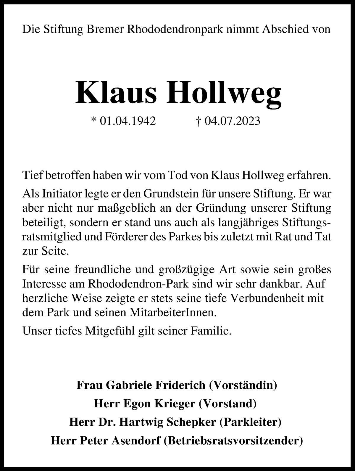  Traueranzeige für Klaus Hollweg vom 15.07.2023 aus WESER-KURIER