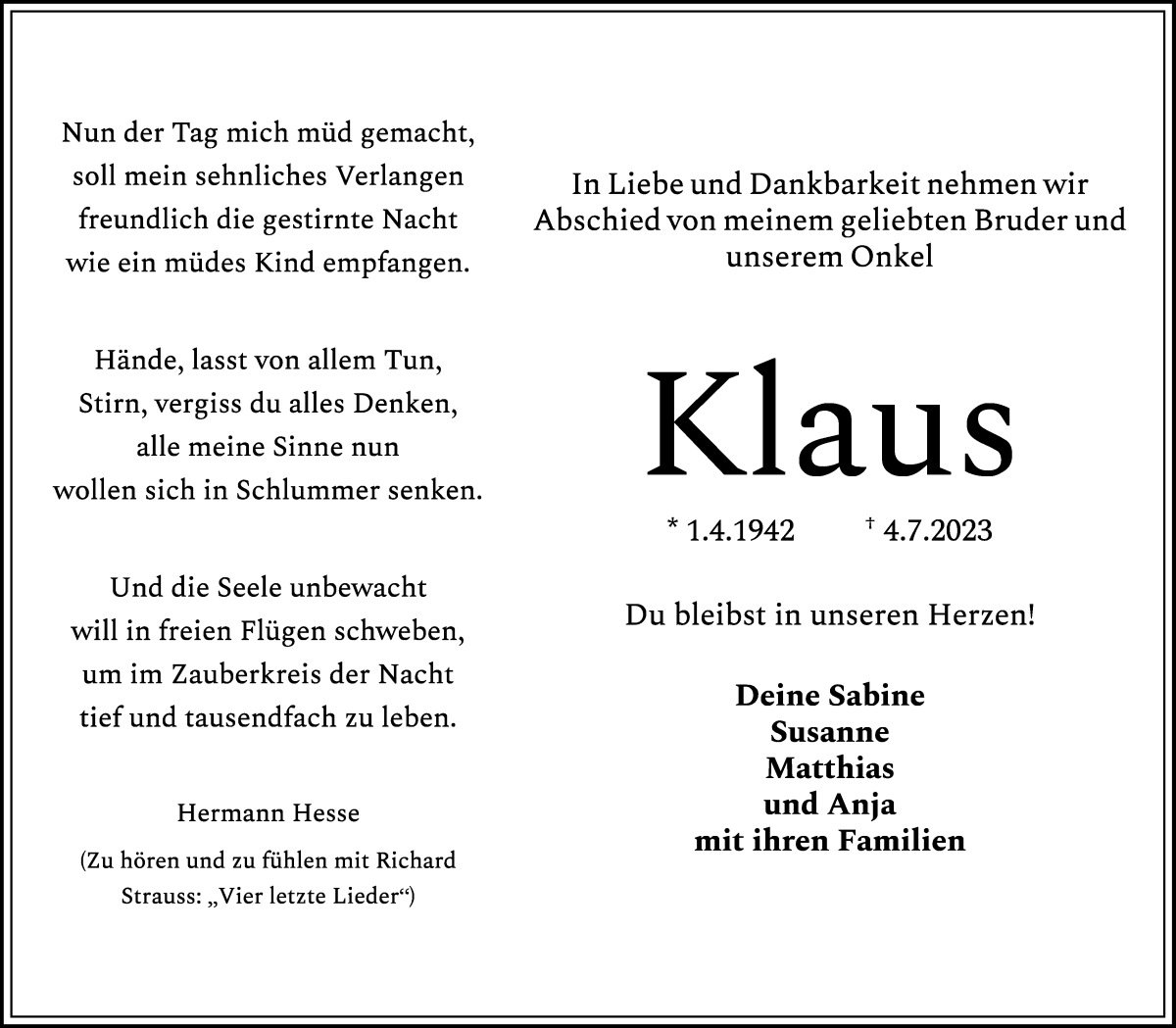  Traueranzeige für Klaus Hollweg vom 15.07.2023 aus WESER-KURIER