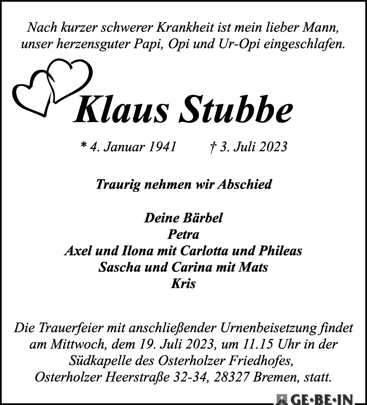 Traueranzeige von Klaus Stubbe von WESER-KURIER