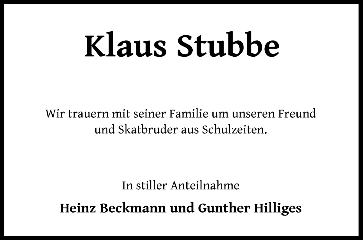 Traueranzeige von Klaus Stubbe von WESER-KURIER