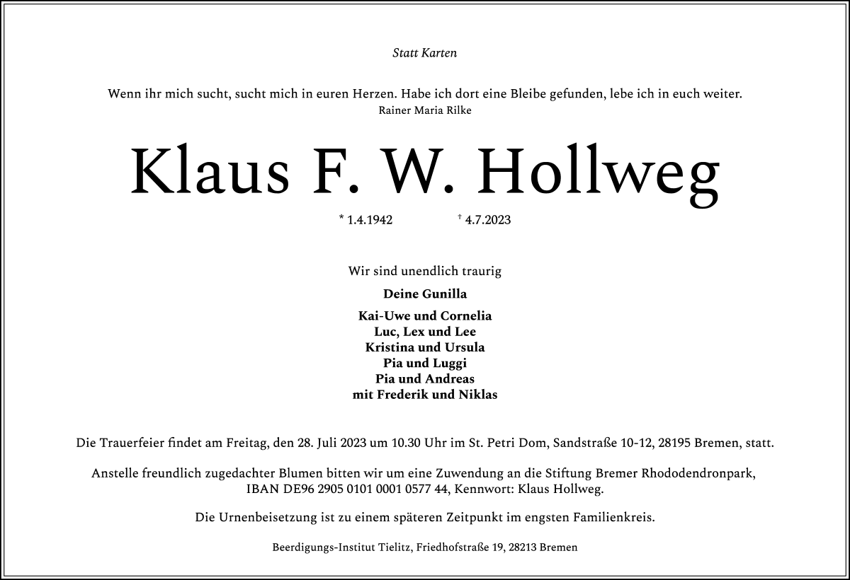 Traueranzeige von Klaus F. W. Hollweg von WESER-KURIER