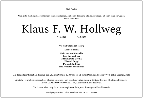 Traueranzeige von Klaus F. W. Hollweg