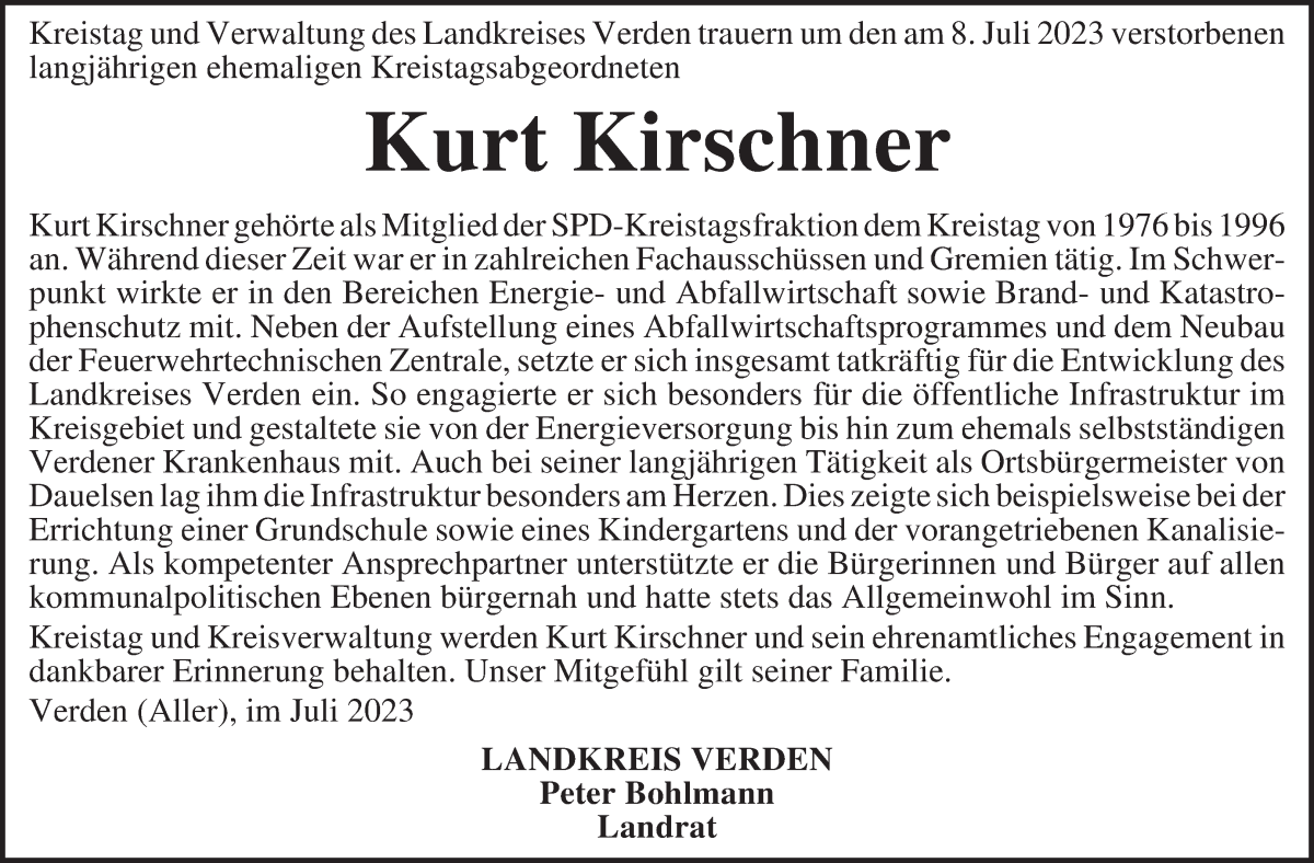 Traueranzeige von Kurt Kirschner von Achimer Kurier/Verdener Nachrichten