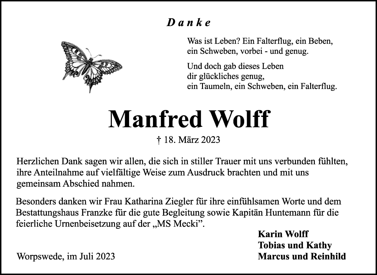 Traueranzeige von Manfred Wolff von Wuemme Zeitung