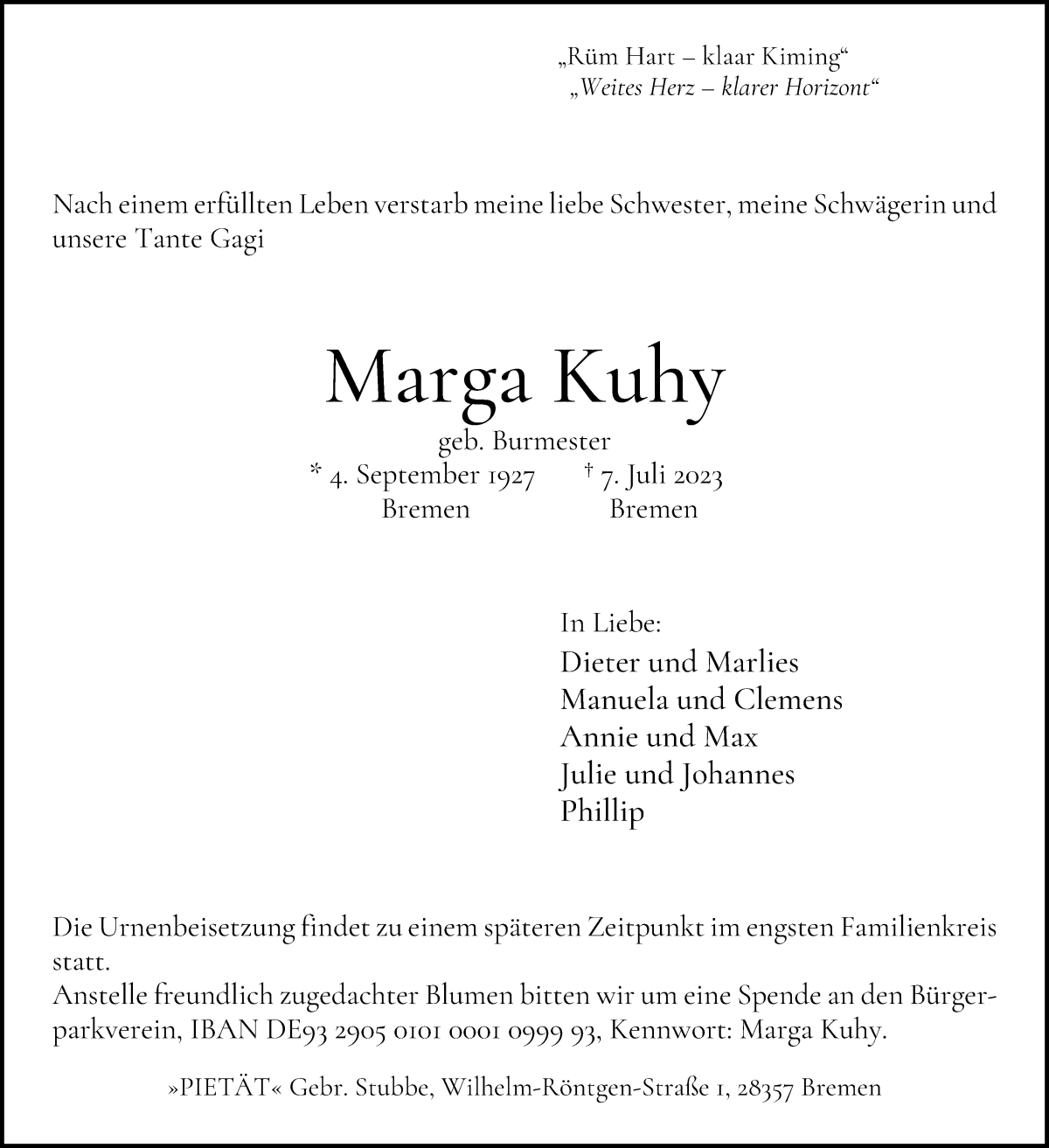 Traueranzeige von Marga Kuhy von WESER-KURIER