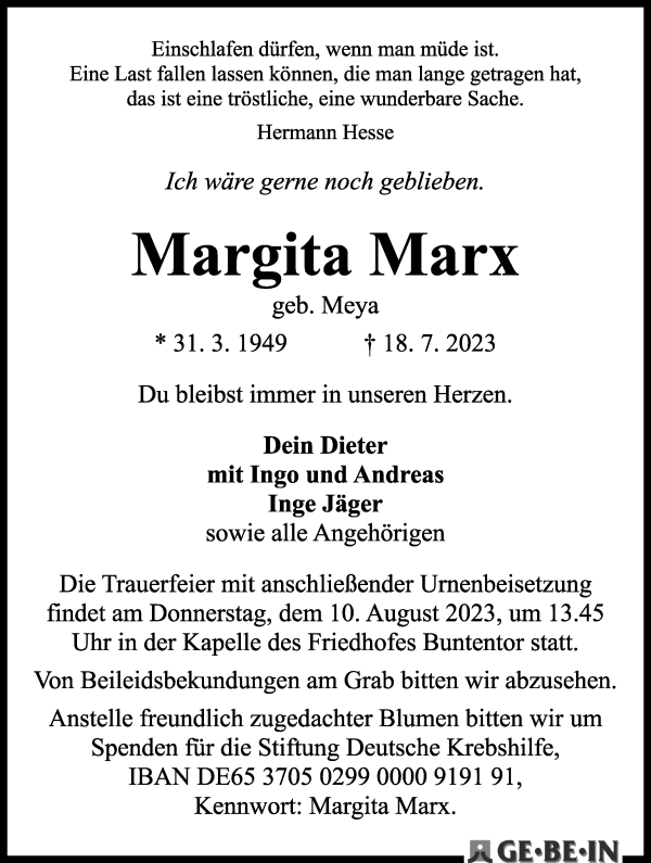 Traueranzeigen Von Margita Marx Trauer And Gedenken 2246