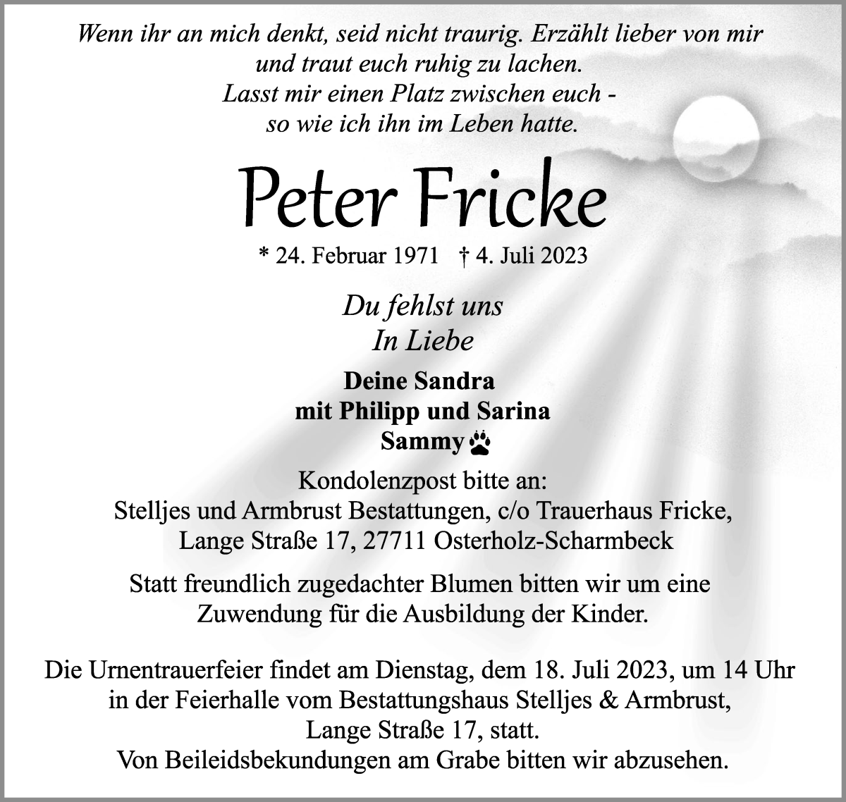  Traueranzeige für Peter Fricke vom 08.07.2023 aus Osterholzer Kreisblatt