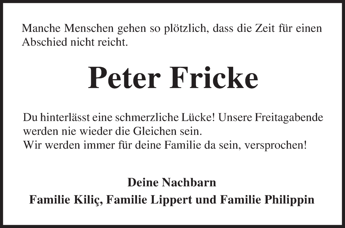  Traueranzeige für Peter Fricke vom 08.07.2023 aus Osterholzer Kreisblatt