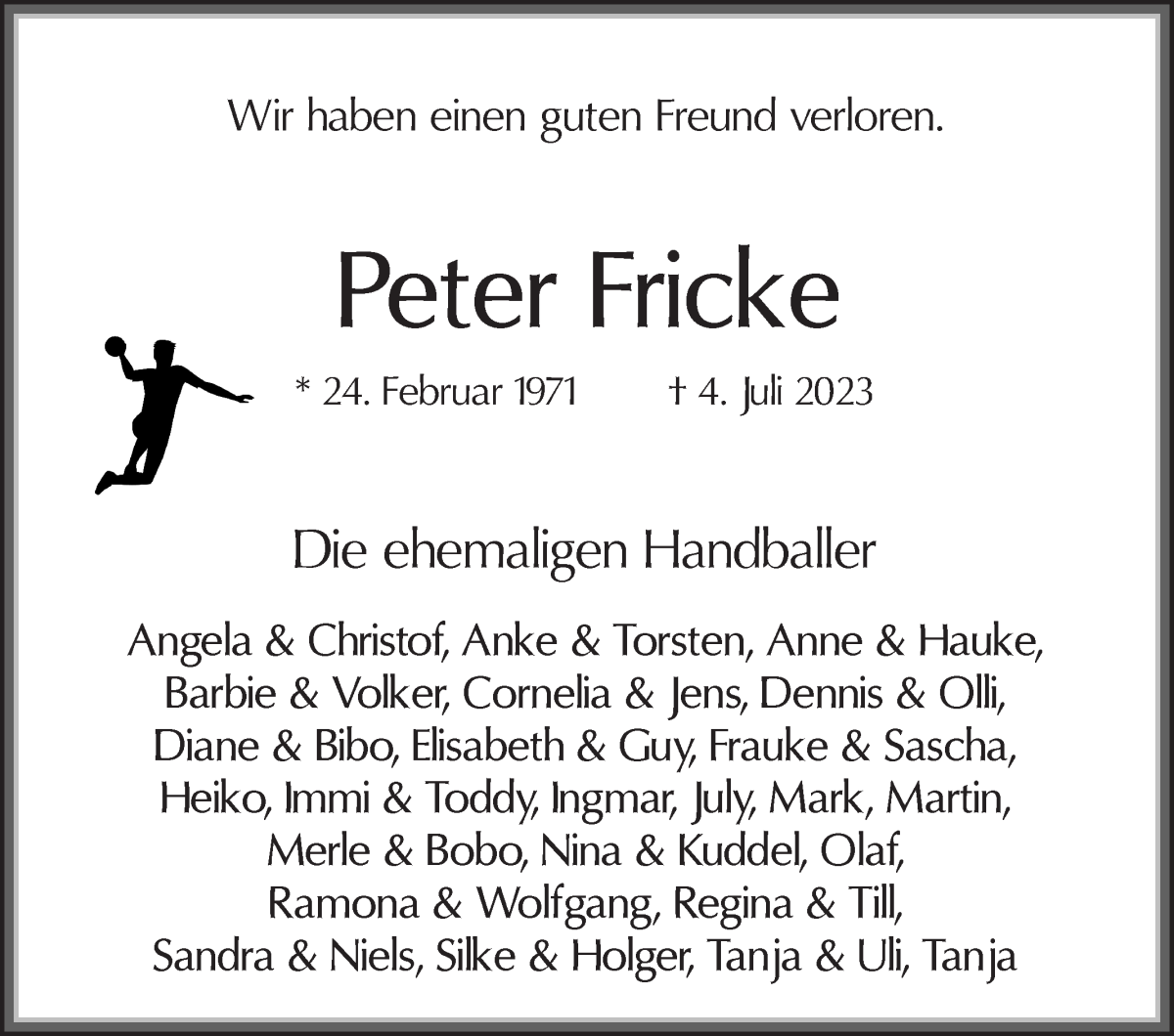  Traueranzeige für Peter Fricke vom 08.07.2023 aus Osterholzer Kreisblatt