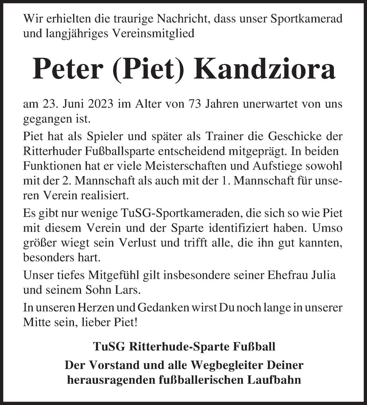  Traueranzeige für Peter Kandziora vom 08.07.2023 aus Osterholzer Kreisblatt