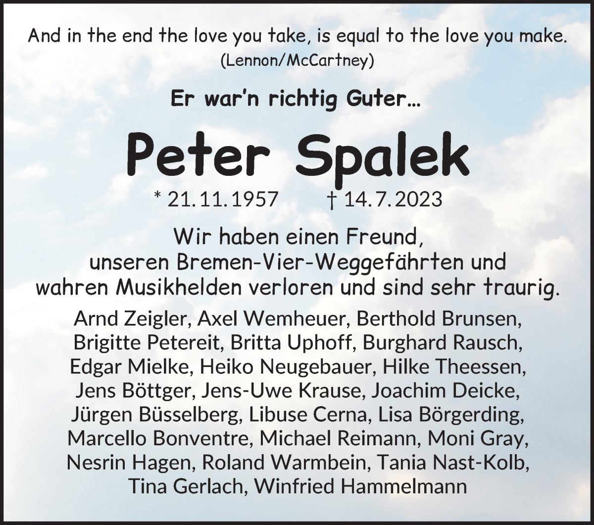  Traueranzeige für Peter Spalek vom 22.07.2023 aus WESER-KURIER