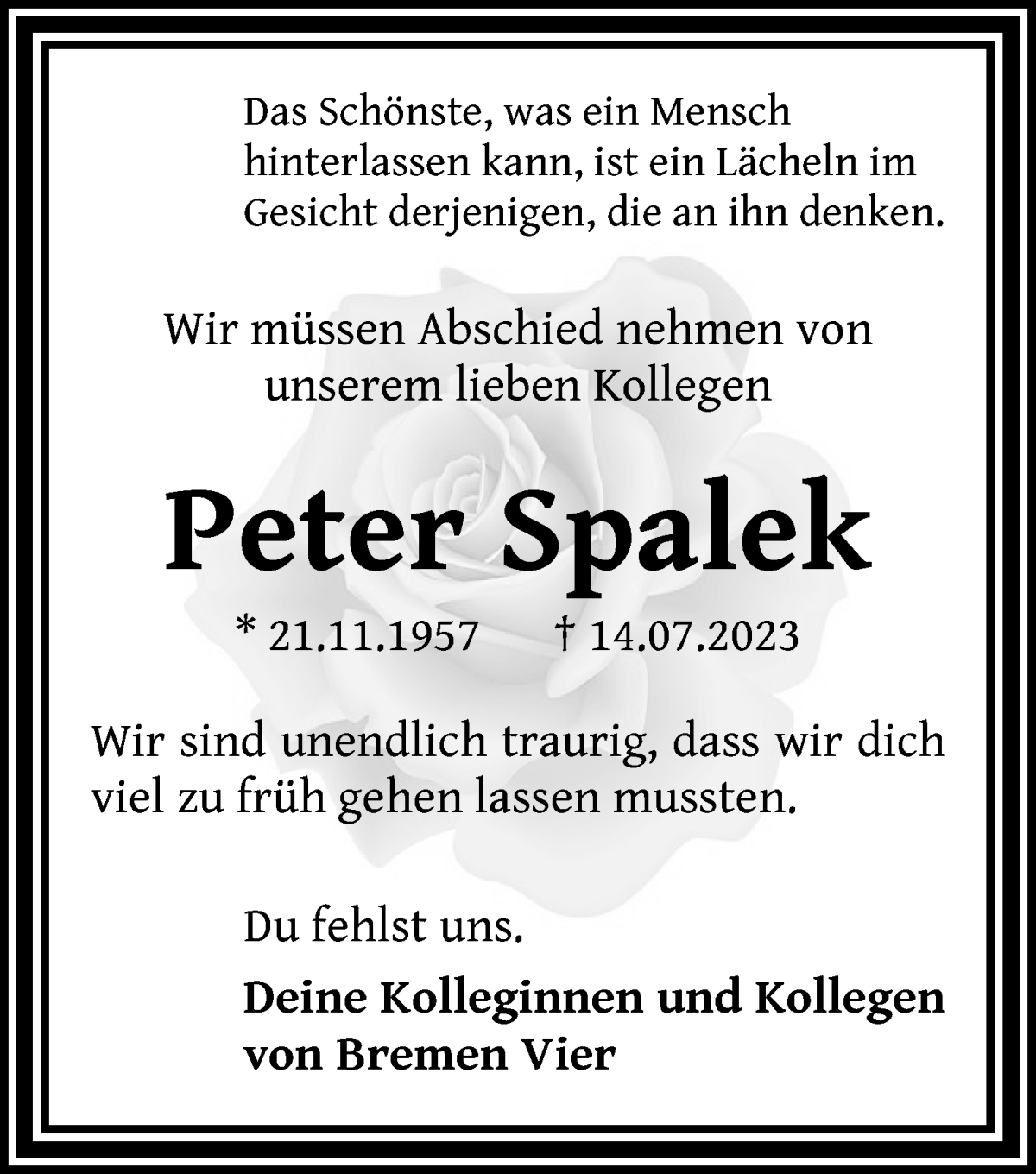  Traueranzeige für Peter Spalek vom 19.07.2023 aus WESER-KURIER