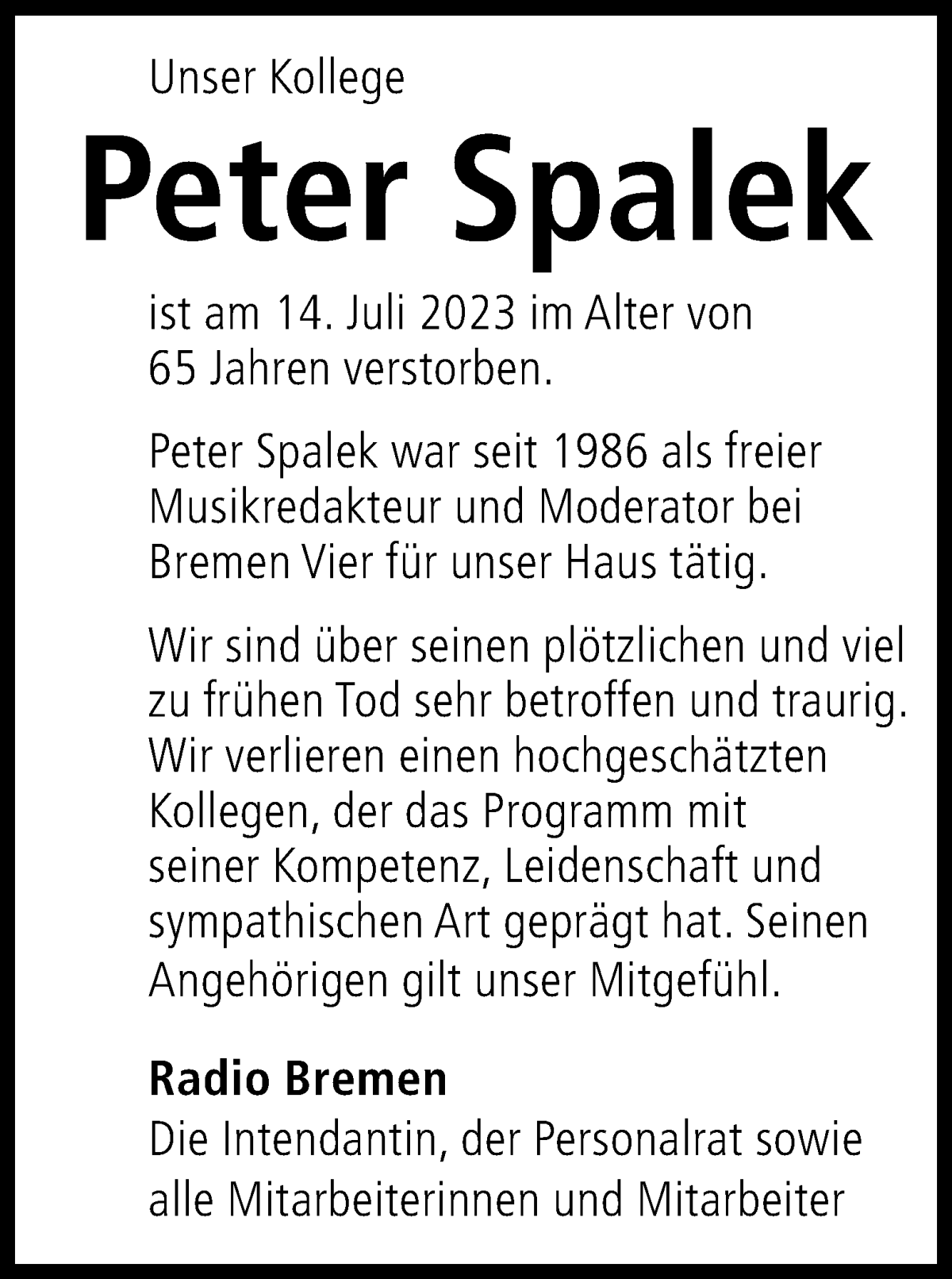  Traueranzeige für Peter Spalek vom 19.07.2023 aus WESER-KURIER