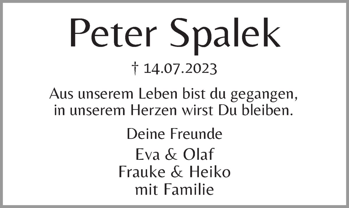  Traueranzeige für Peter Spalek vom 22.07.2023 aus WESER-KURIER