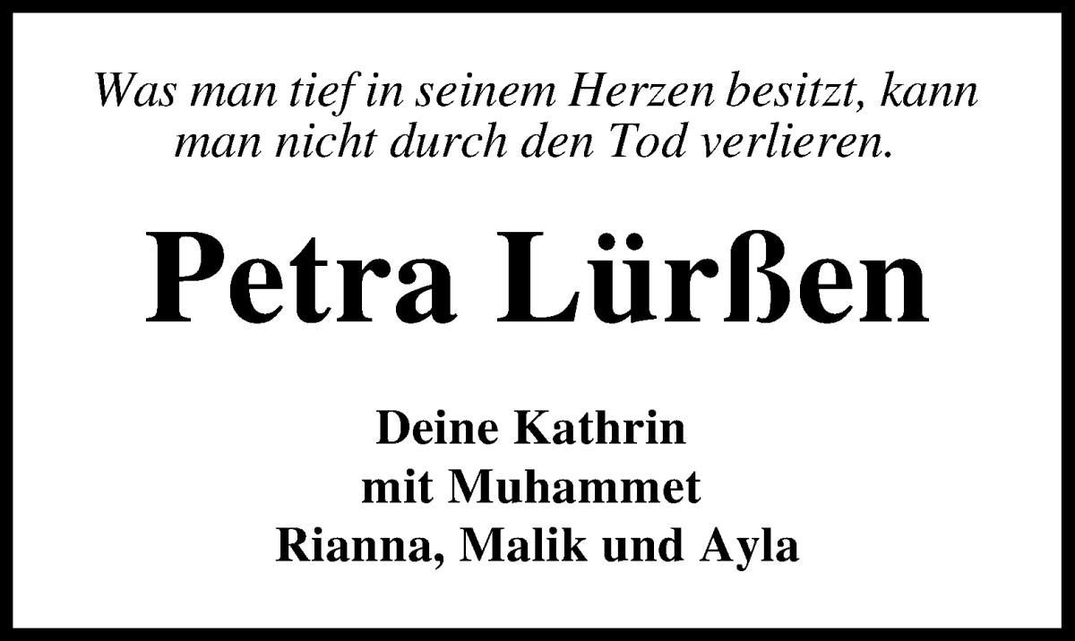  Traueranzeige für Petra Lürßen vom 01.07.2023 aus Osterholzer Kreisblatt