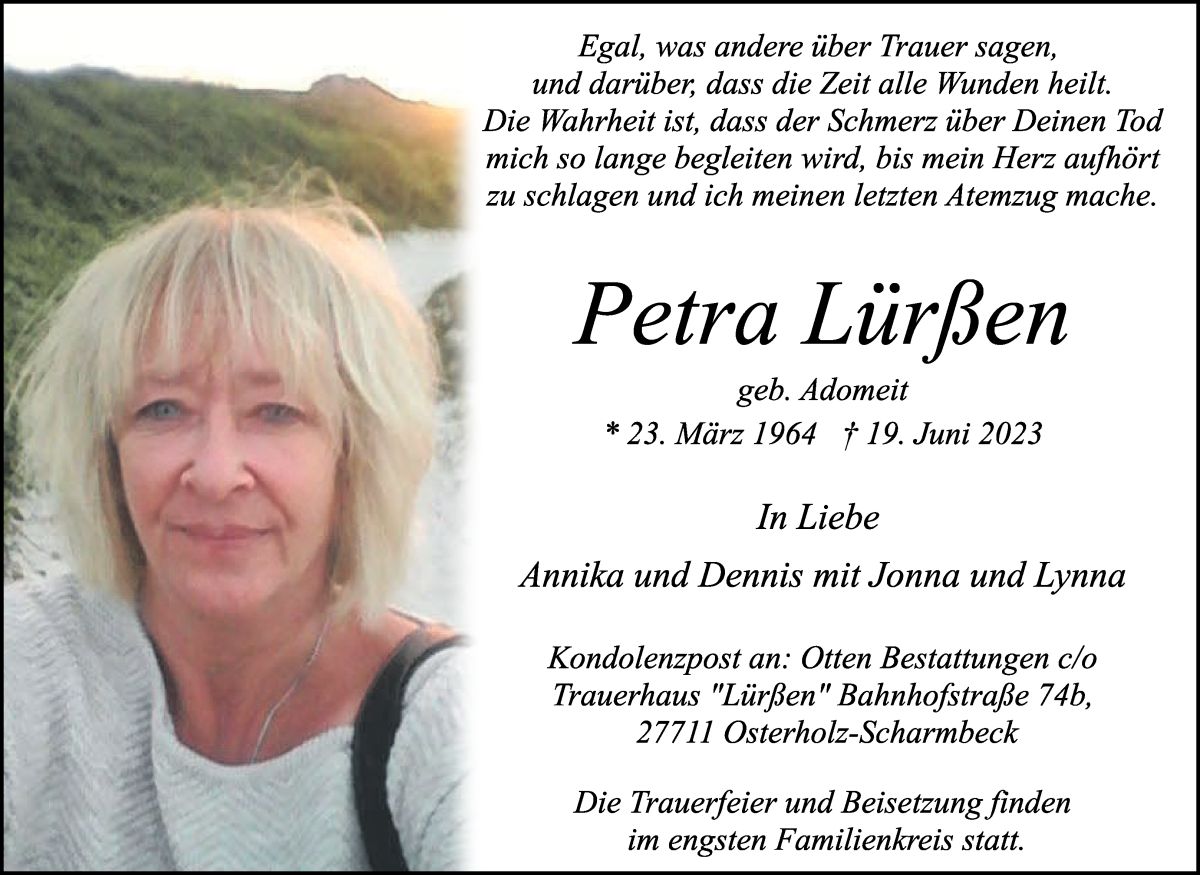  Traueranzeige für Petra Lürßen vom 01.07.2023 aus Osterholzer Kreisblatt