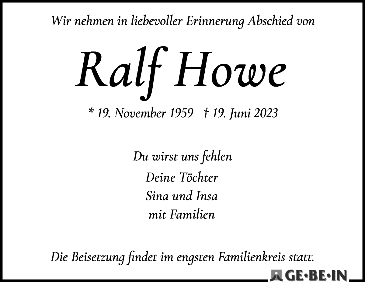 Traueranzeige von Ralf Howe von WESER-KURIER