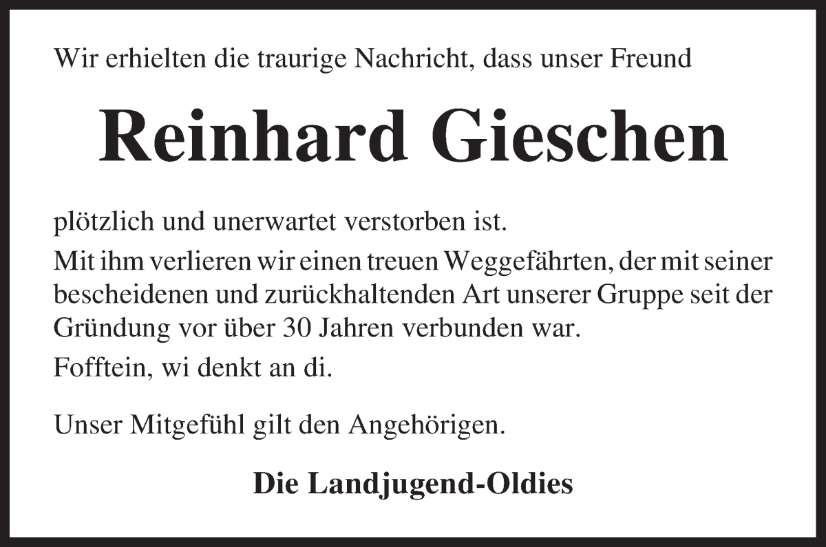 Traueranzeige von Reinhard Gieschen von Wuemme Zeitung