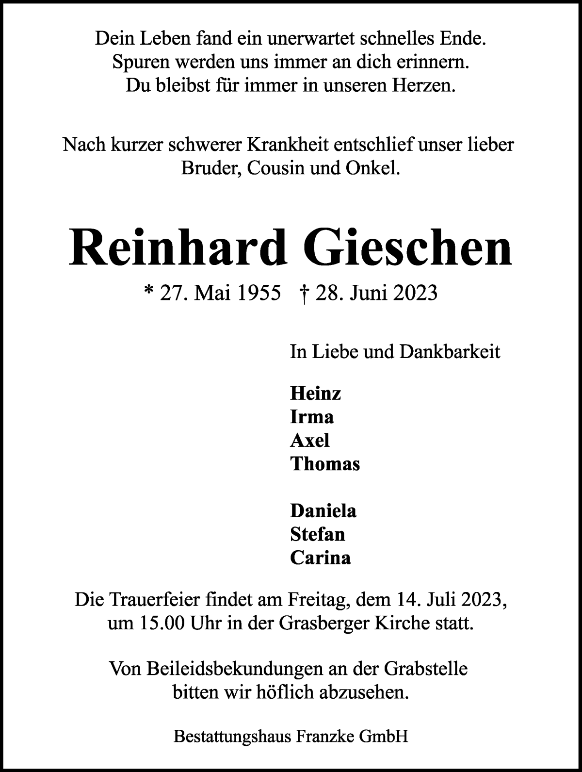 Traueranzeige von Reinhard Gieschen von Wuemme Zeitung