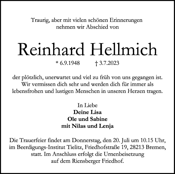 Traueranzeige von Reinhard Hellmich